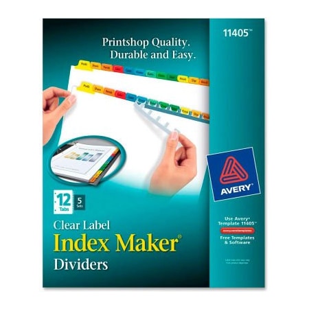 Avery Dennison Avery Index Maker Punched Clear Label Tab Divider, Blank, 8.5"x11", 12 Tabs, 5 Sets, White/Multi 11405
